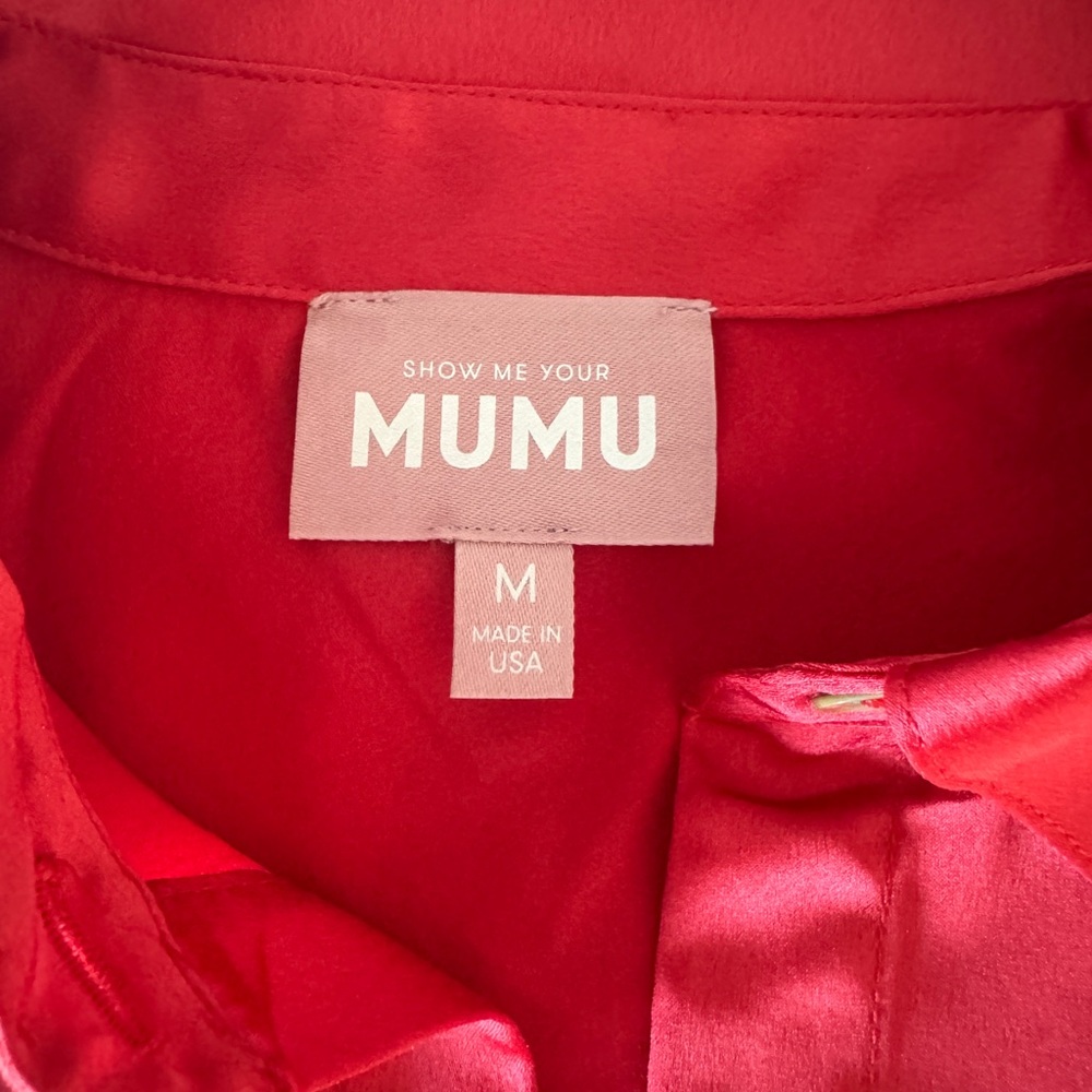 Show Me Your MuMu Shimmering Red Mini Skirt & Oversized Red Satin Button Blouse - Picture 5 of 7